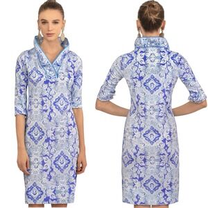 NEW Gretchen Scott Jersey Ruffneck‎ Dress Size XS Watteau Blues Floral Ruffle